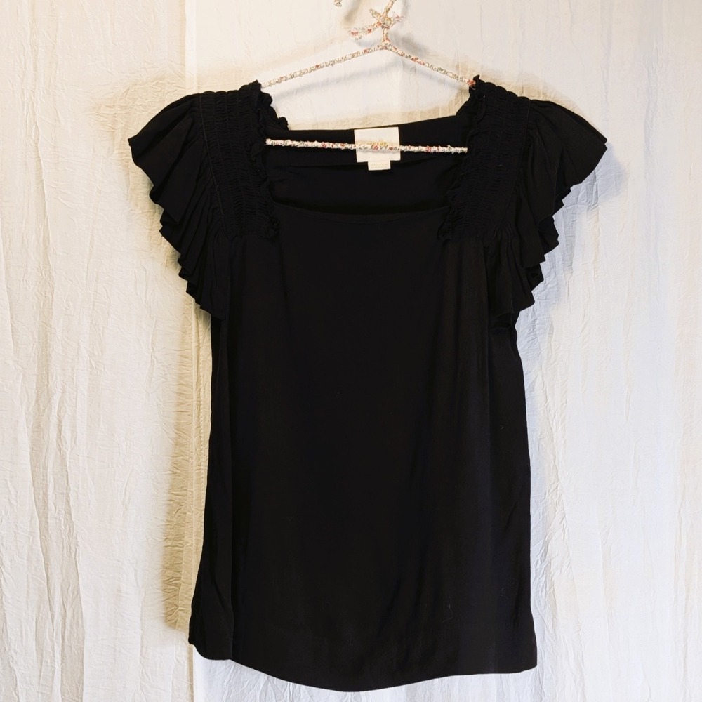 ANTHROPOLOGIE Maeve Black Flutter Sleeve Lightweight Square Neck Blouse Top XS 0